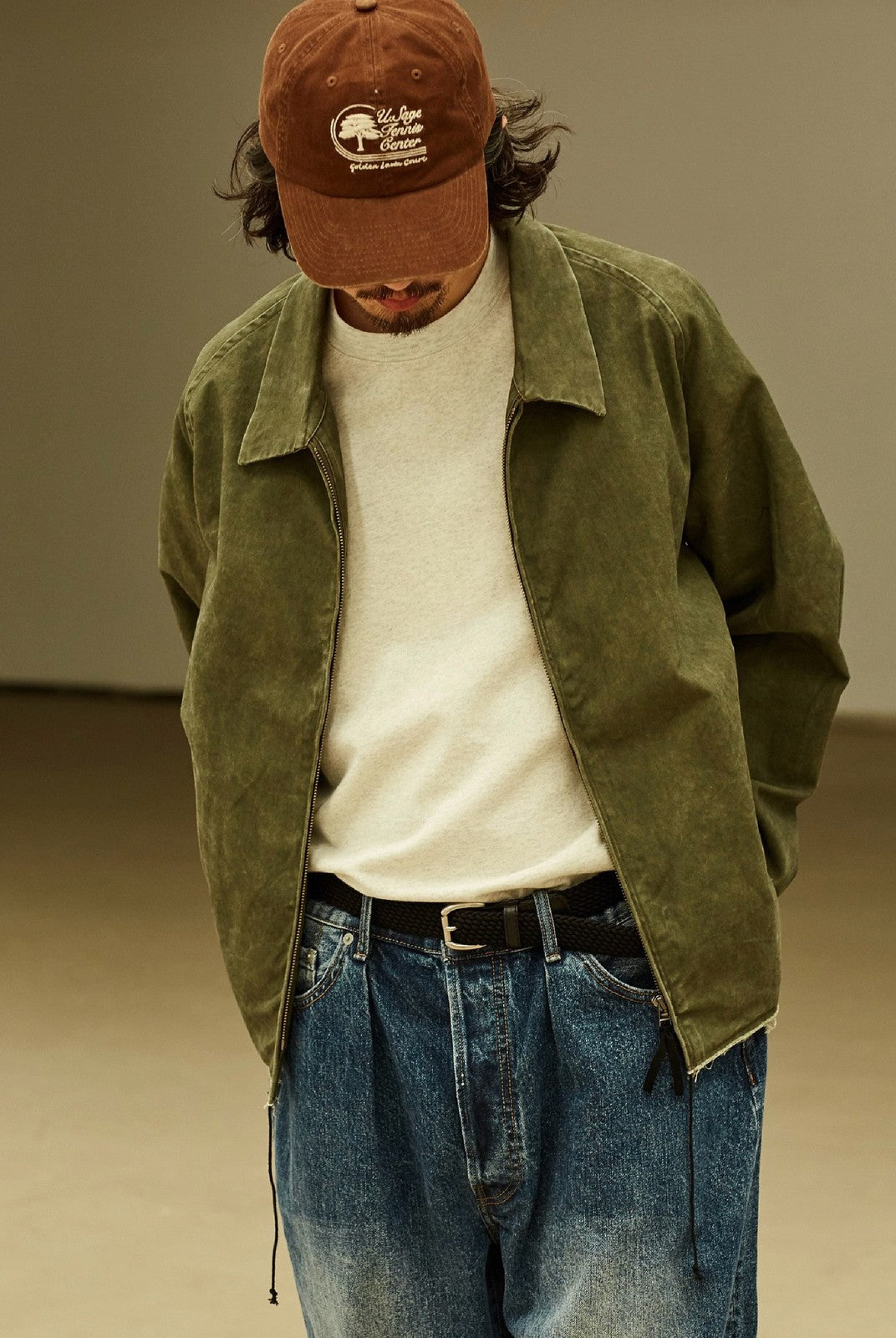 USAGE Vintage Washed Cotton Sports Jacket in Olive - On Male Model