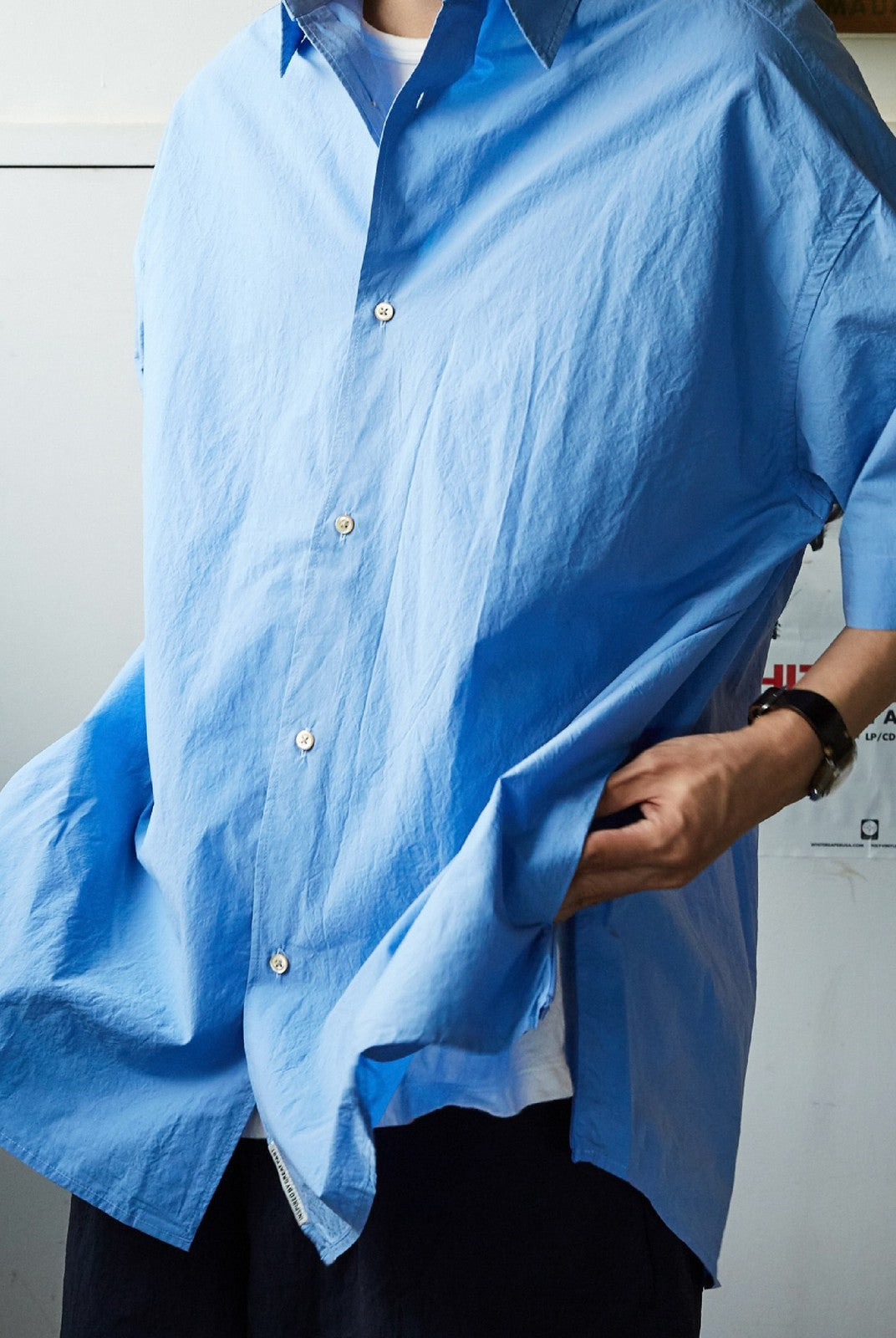 USAGE Cotton Crinkle Short Sleeve Shirt in Blue - On Male Model