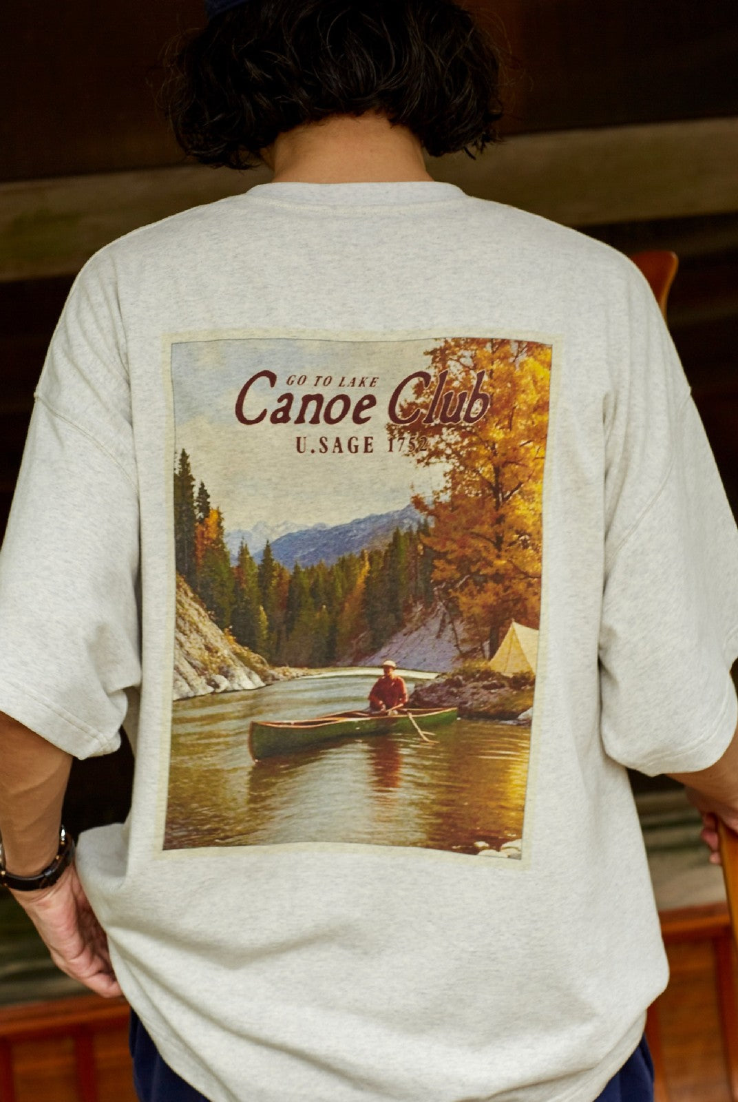 USAGE Canoe Club Graphic Cotton T Shirt in Beige - On Model