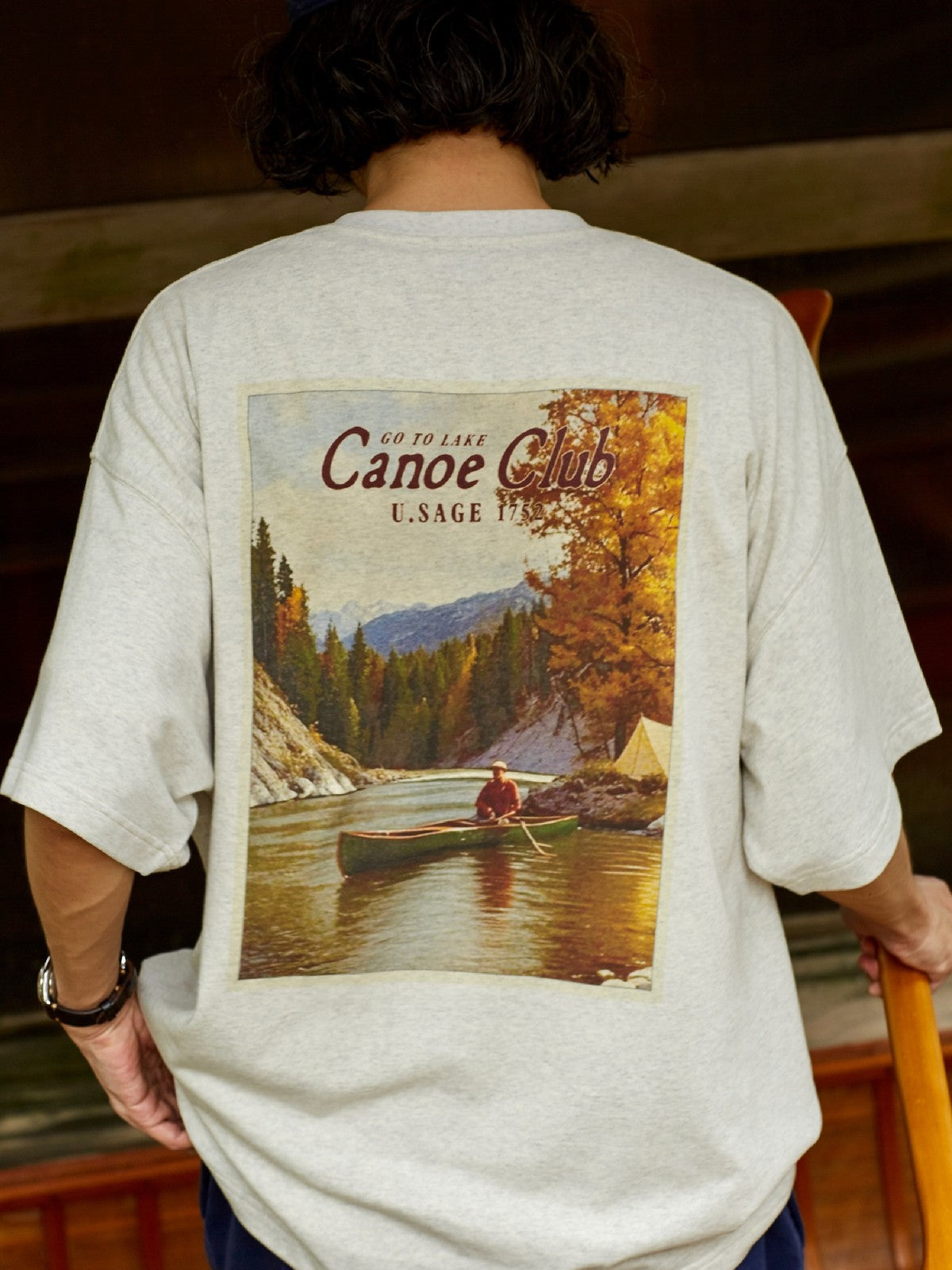 USAGE Canoe Club Graphic Cotton T Shirt in Beige - On Model