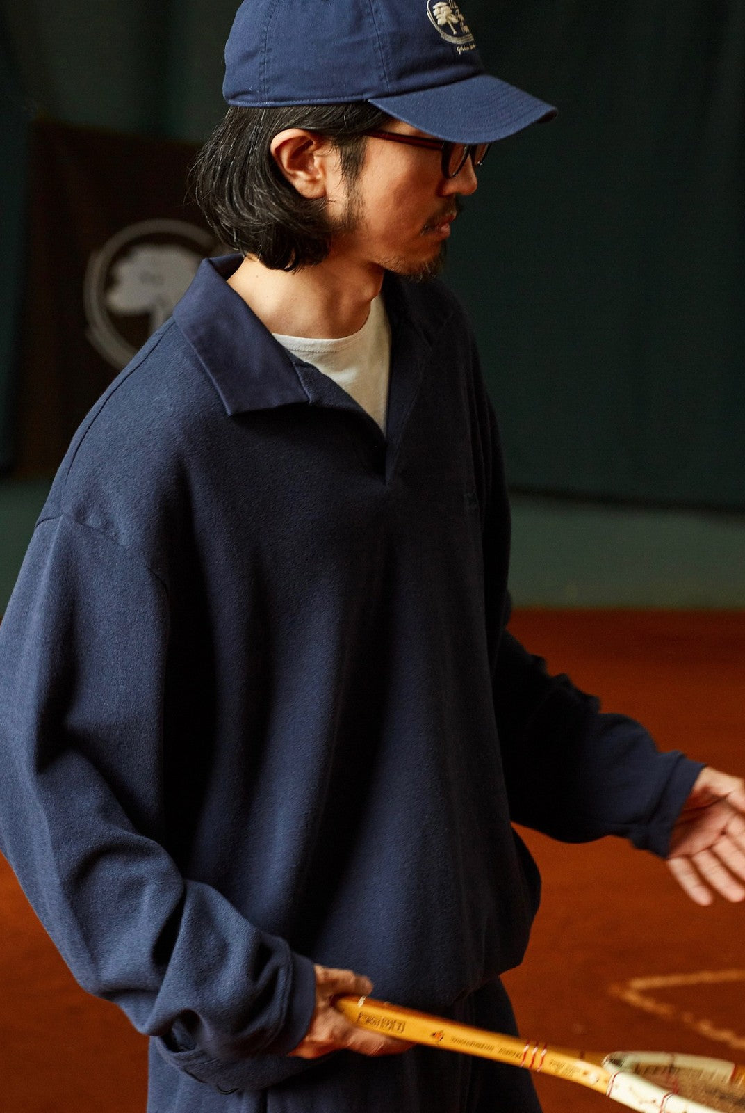 USAGE Oversized Textured Long Sleeve Polo in Navy Blue - On Male Model