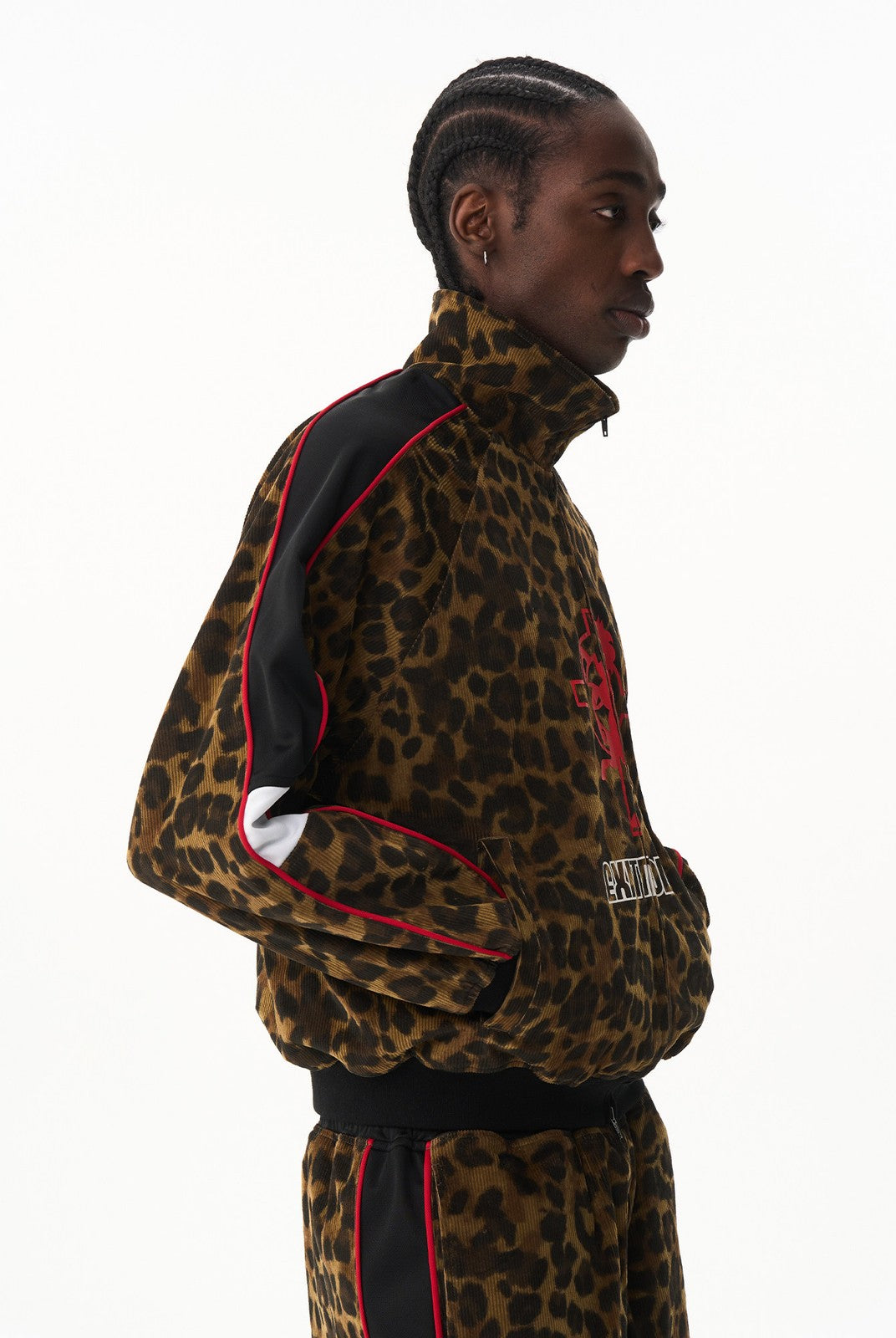 BLINDNOPLAN Leopard Print Zip Up Jacket in Brown - On Male Model