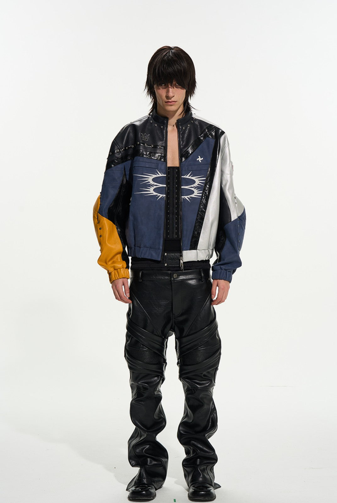 BLINDNOPLAN Color Blocked Faux Leather Biker Jacket in Black - On Male Model