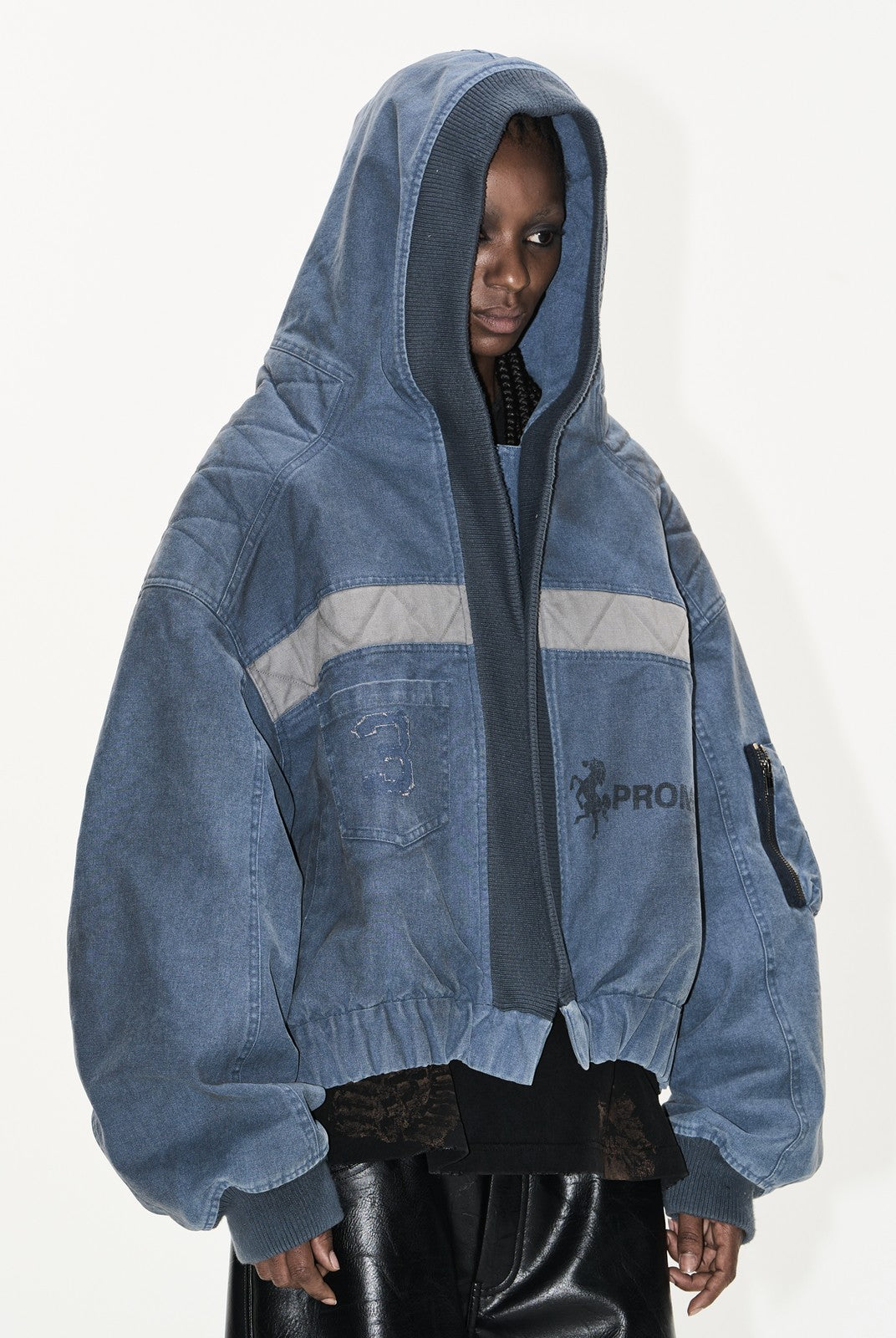 BLINDNOPLAN Distressed Hooded MA 1 Bomber Jacket in Blue - On Female Model