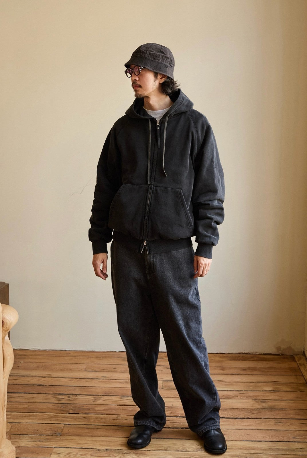 USAGE Vintage Washed Double Layer Zip Hoodie in Black - On Male Model