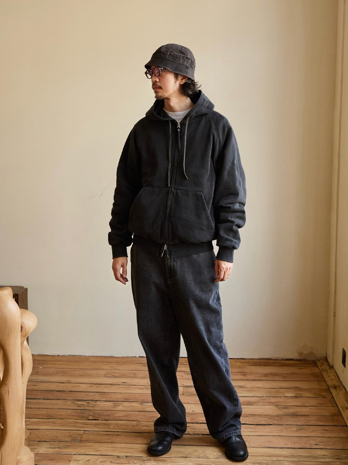 USAGE Vintage Washed Double Layer Zip Hoodie in Black - On Male Model