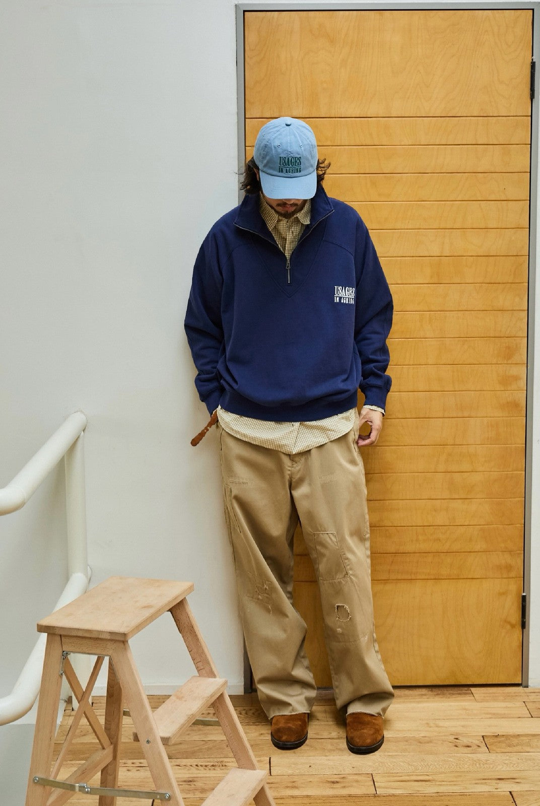 USAGE Heavyweight Cotton Half Zip Sweatshirt in Navy Blue - On Male Model