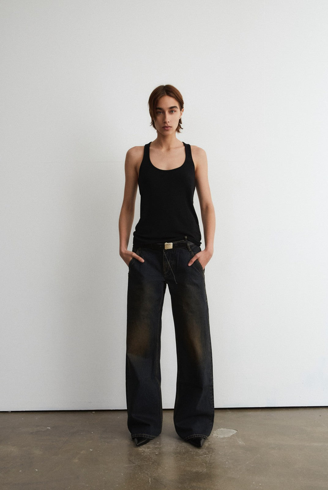 FaxCopyExpress Basic 2 Distressed Wide Leg Jeans in Black - On Model