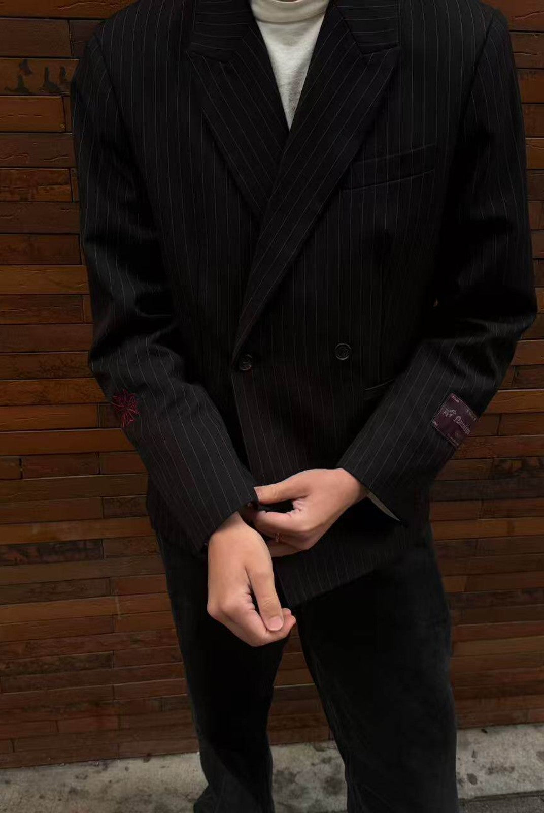 SOD Striped Double Breasted Wool Blend Blazer in Black - On Model