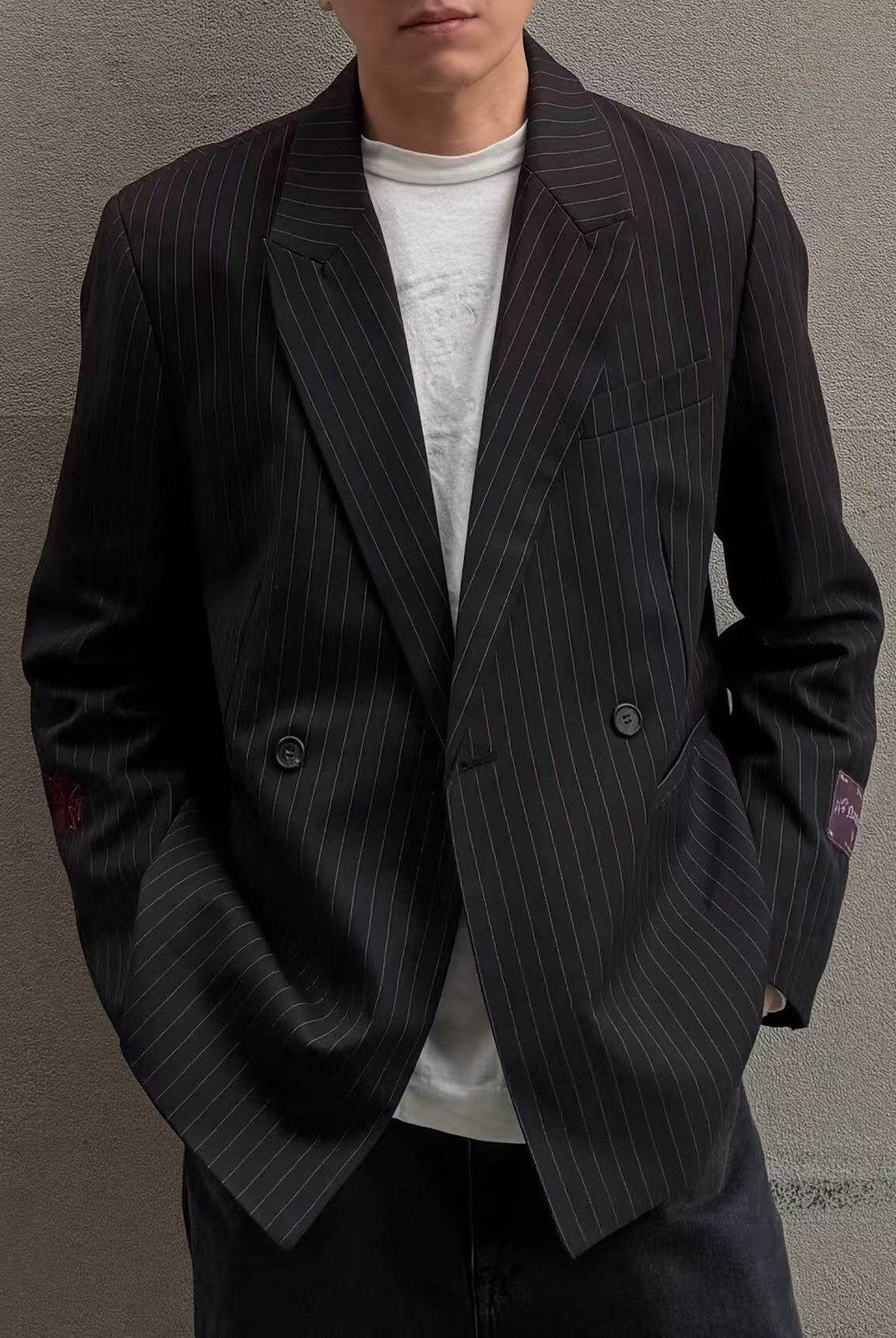 SOD Striped Double Breasted Wool Blend Blazer in Black - On Male Model