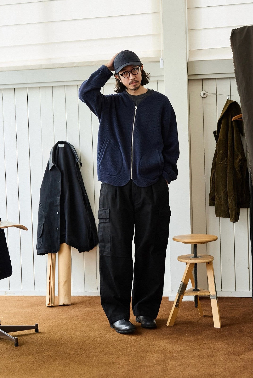 USAGE Heavyweight Waffle Knit Zip Cardigan in Navy Blue - On Male Model