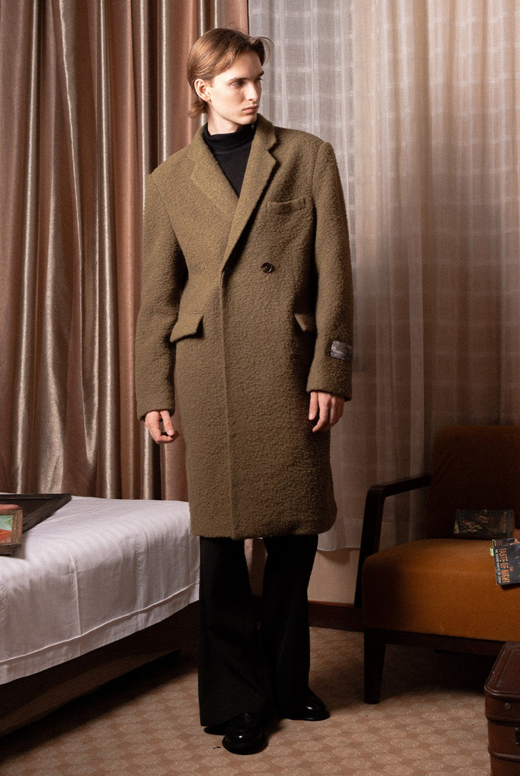 SOD Oversized Double Breasted Wool Blend Coat in Green - On Male Model