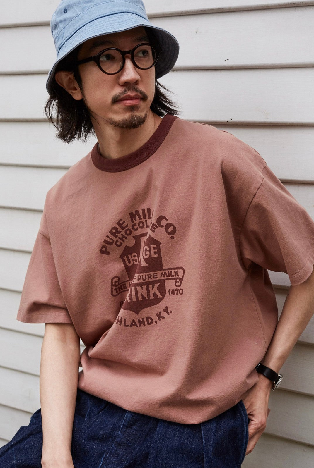 USAGE Graphic Cotton Ringer T Shirt in Pink - On Male Model
