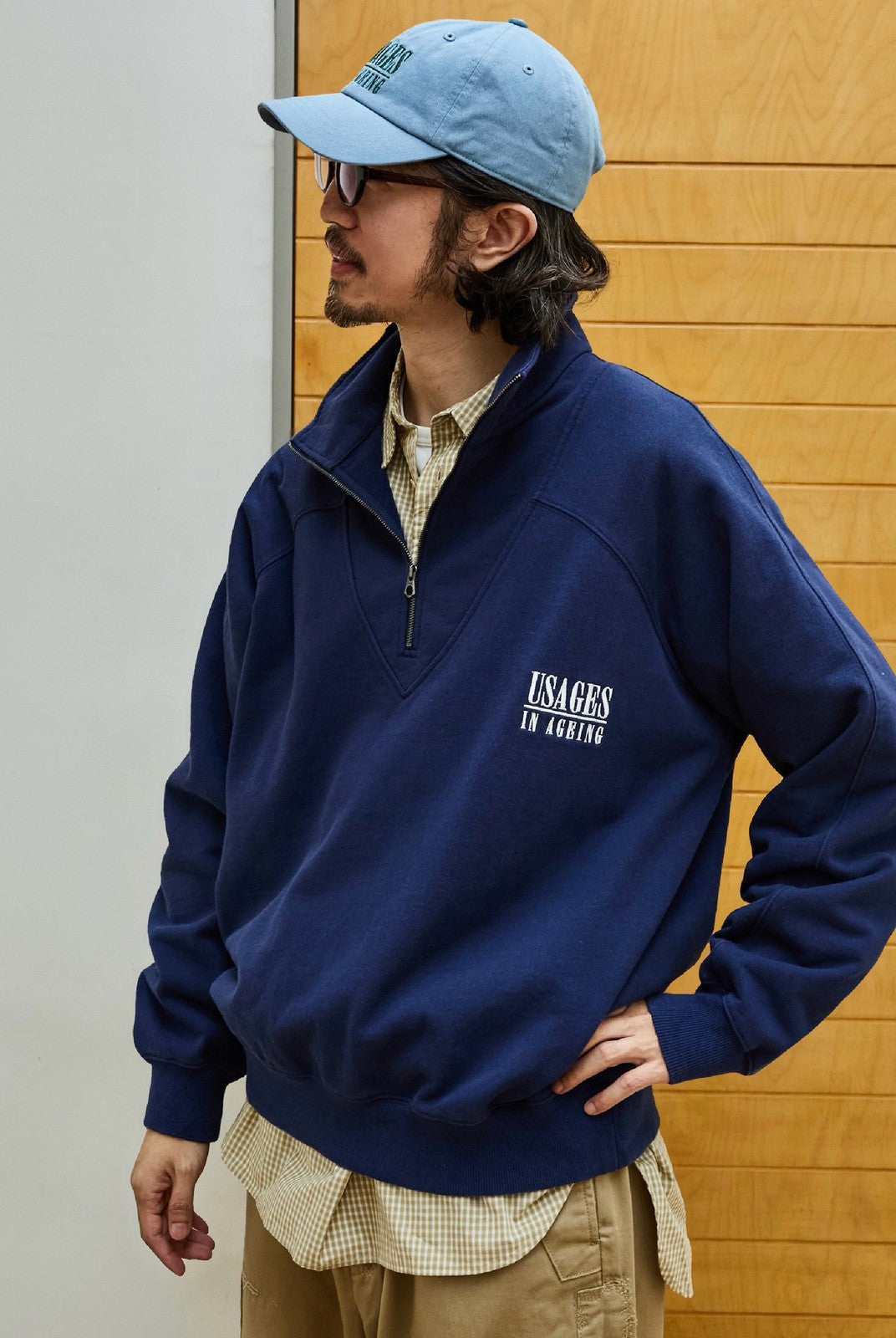 USAGE Heavyweight Cotton Half Zip Sweatshirt in Navy Blue - On Male Model