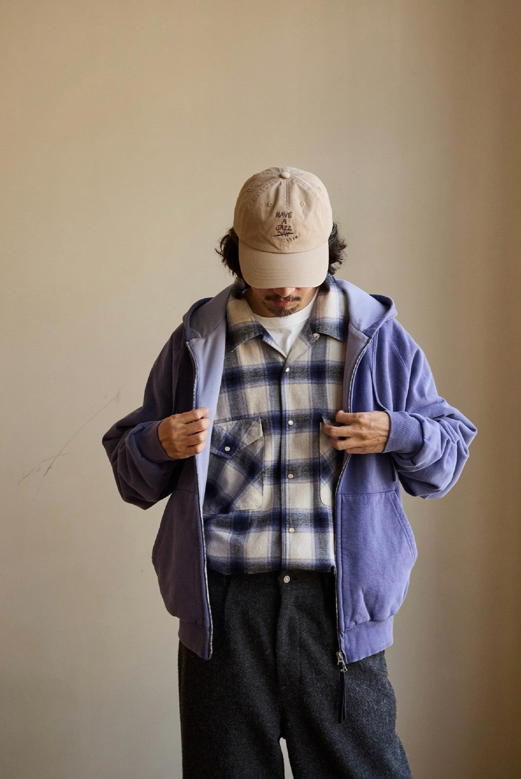 USAGE Brushed Plaid Western Shirt in Purple - On Male Model