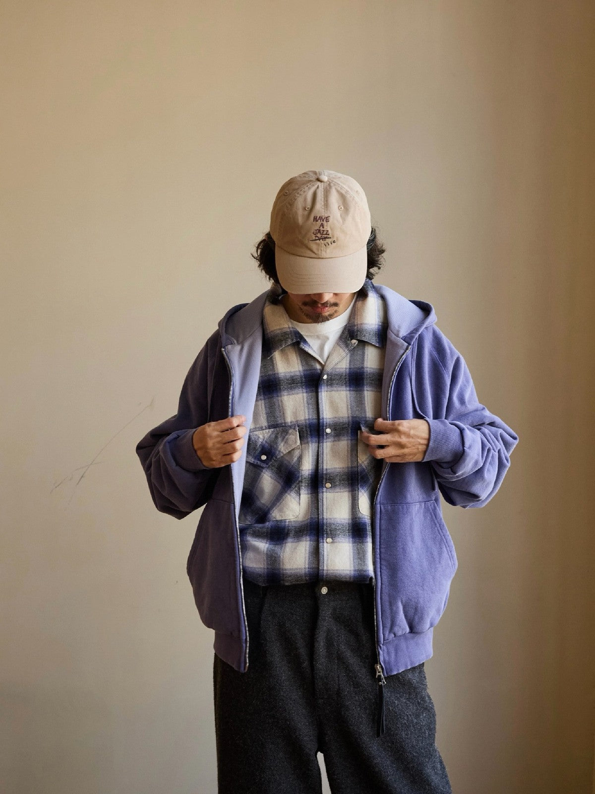 USAGE Brushed Plaid Western Shirt in Purple - On Male Model