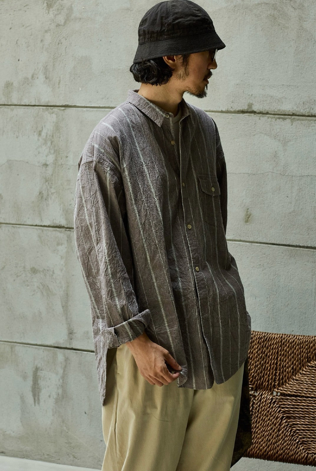 USAGE Crinkled Cotton Striped Button Down in Gray - On Male Model