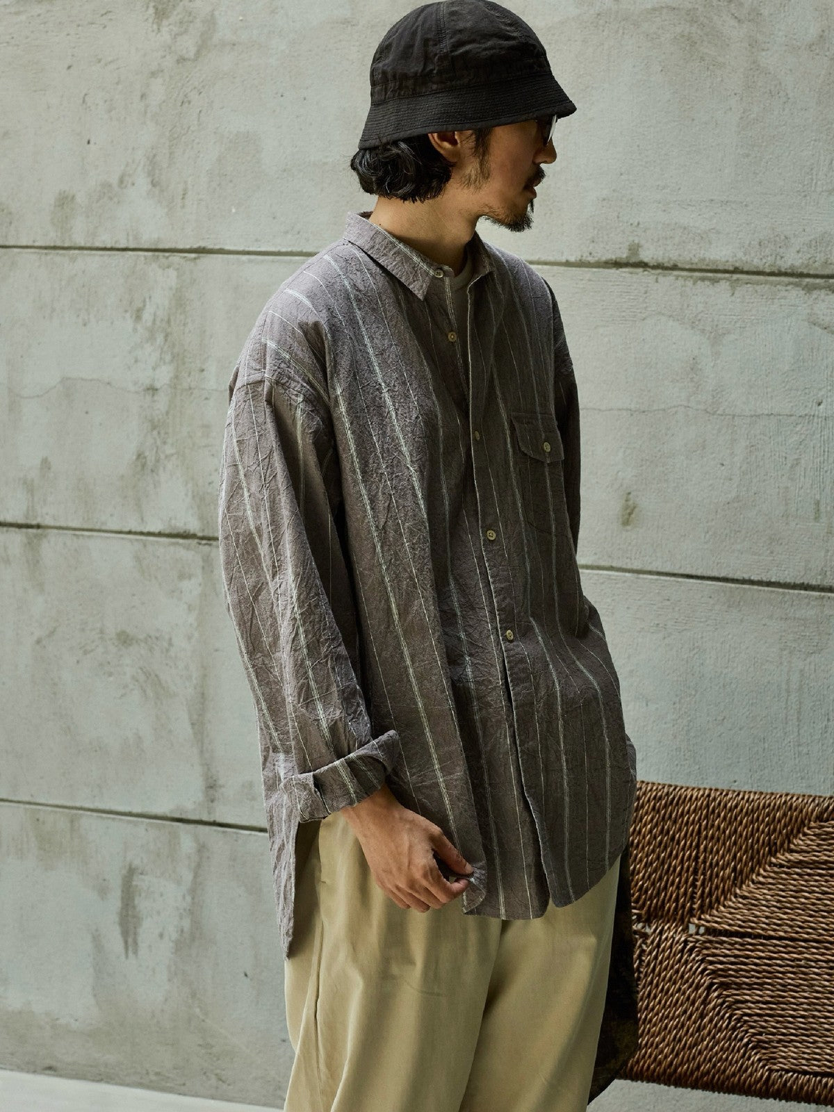USAGE Crinkled Cotton Striped Button Down in Gray - On Male Model