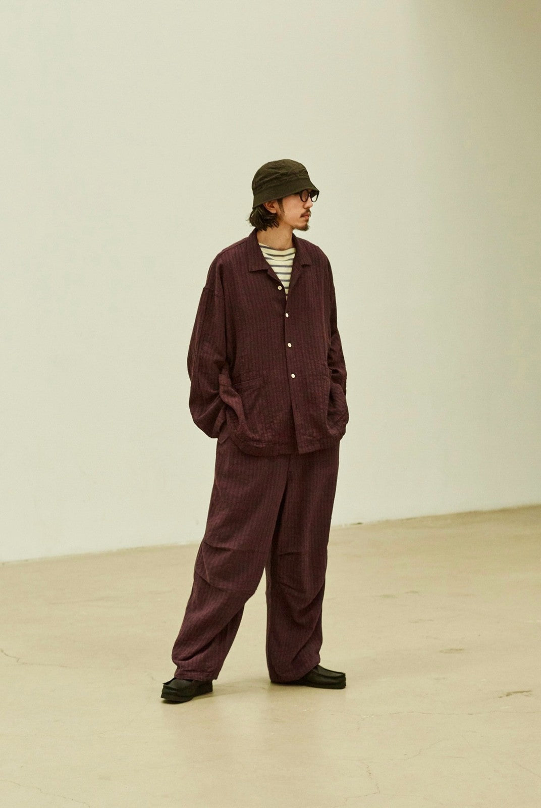 USAGE Textured Cotton Ramie Work Shirt in Purple - On Male Model