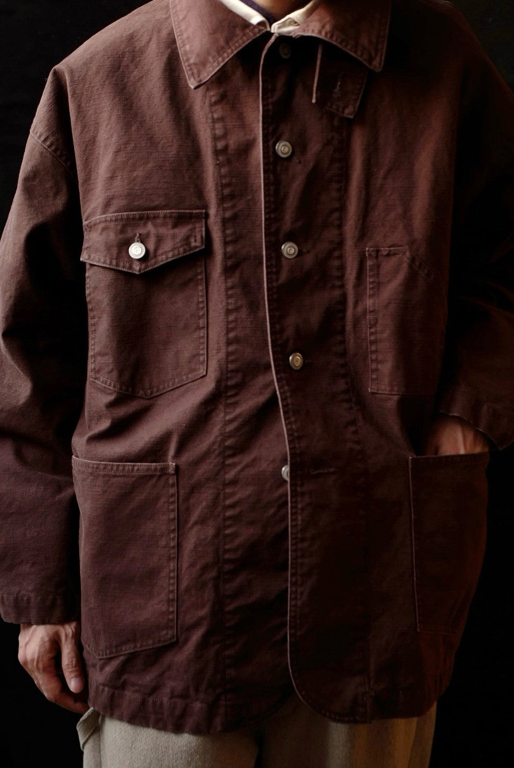 USAGE Washed Heavyweight Cotton Chore Jacket in Brown - On Male Model