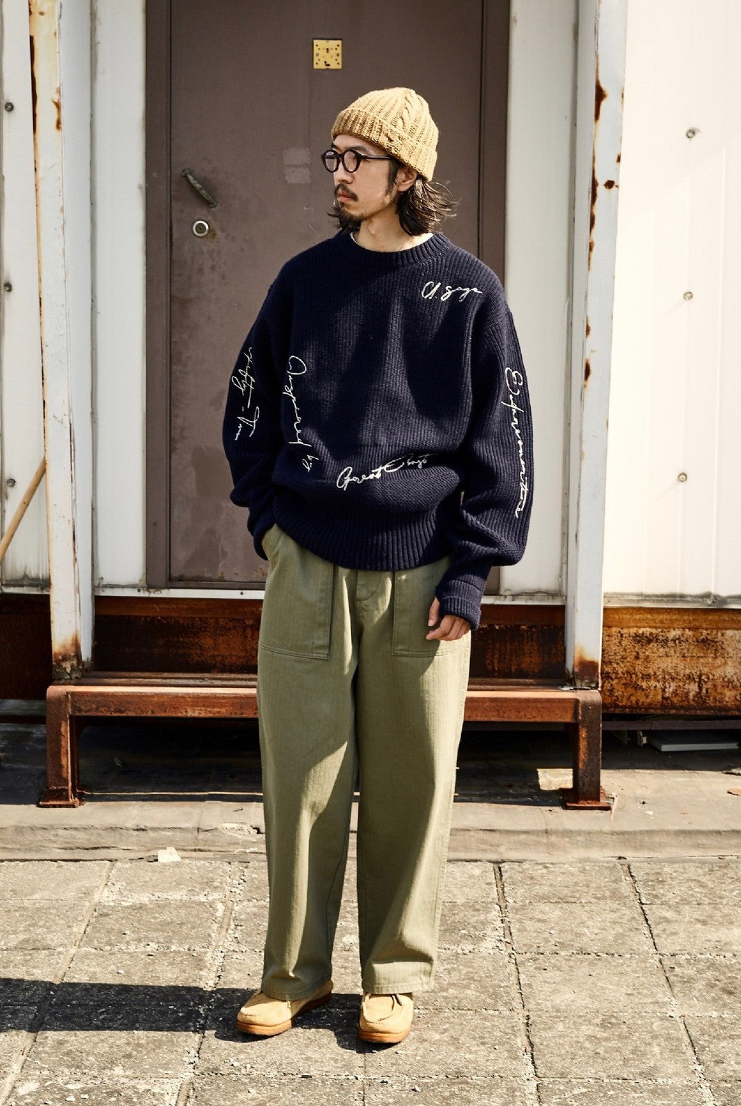 USAGE Heavyweight Herringbone Baker Pants in Olive - On Male Model