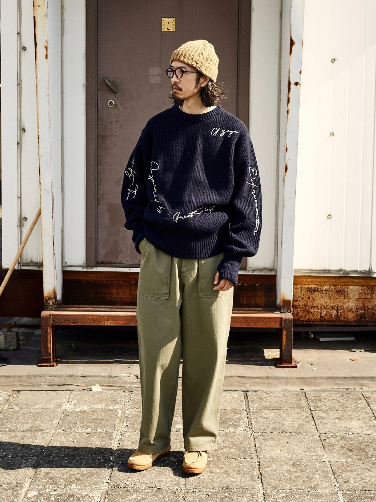 USAGE Heavyweight Herringbone Baker Pants in Olive - On Male Model