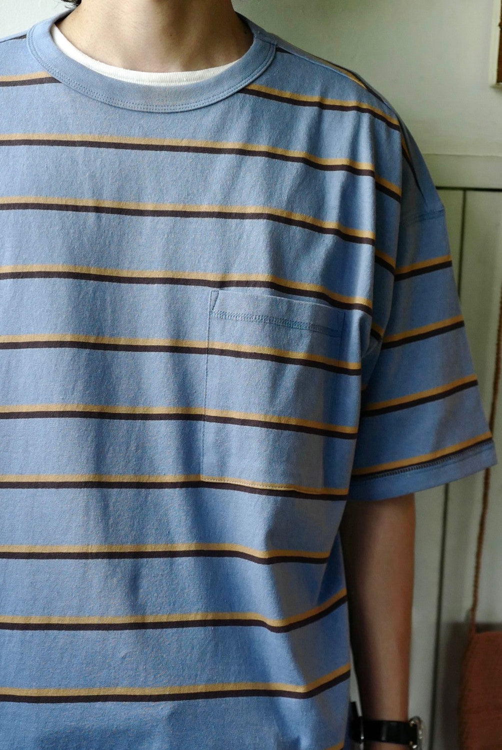 USAGE Retro Striped Cotton T Shirt in Blue - On Male Model