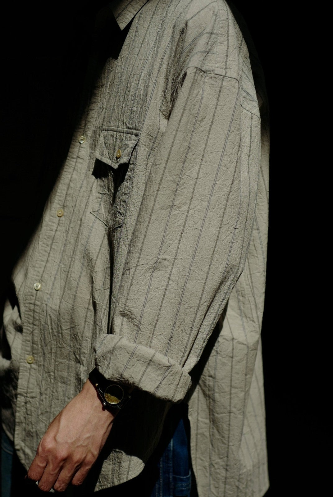 USAGE Crinkled Cotton Striped Button Down in Beige - On Model