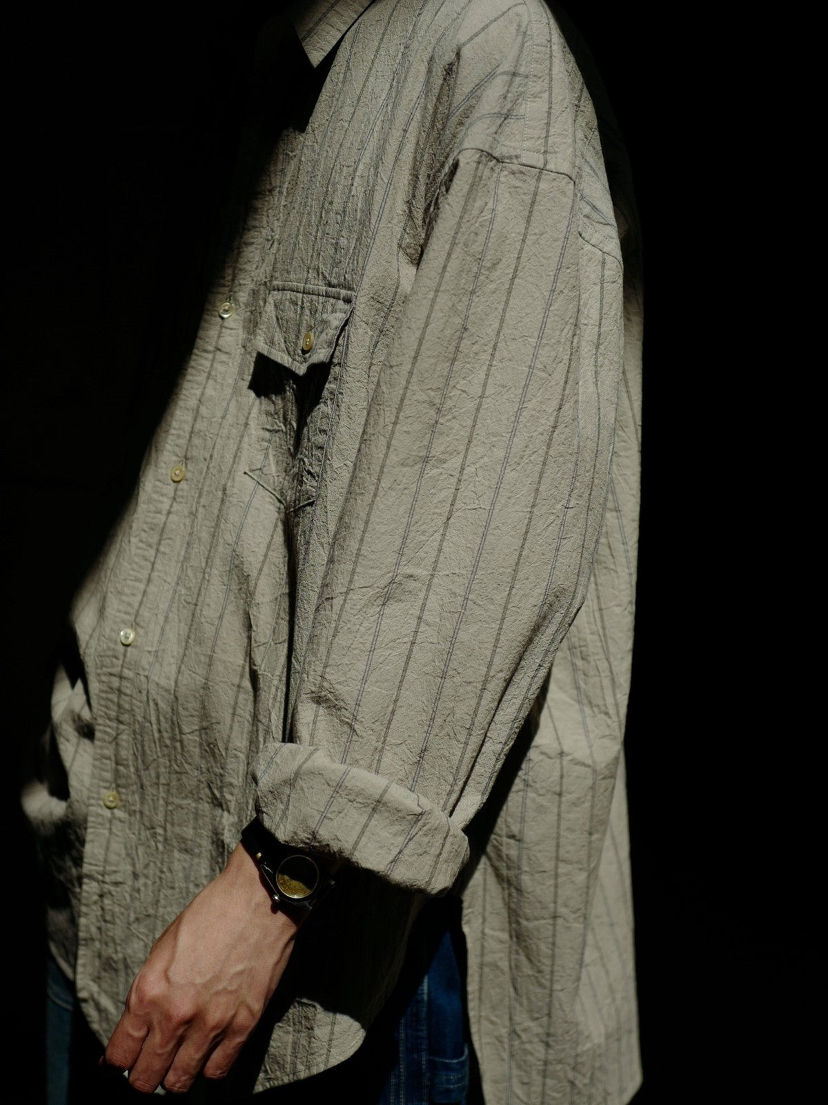 USAGE Crinkled Cotton Striped Button Down in Beige - On Model
