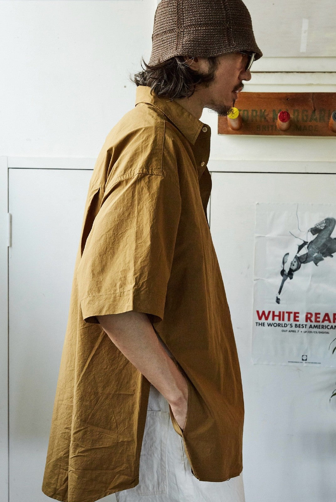 USAGE Cotton Crinkle Short Sleeve Shirt in Beige - On Male Model