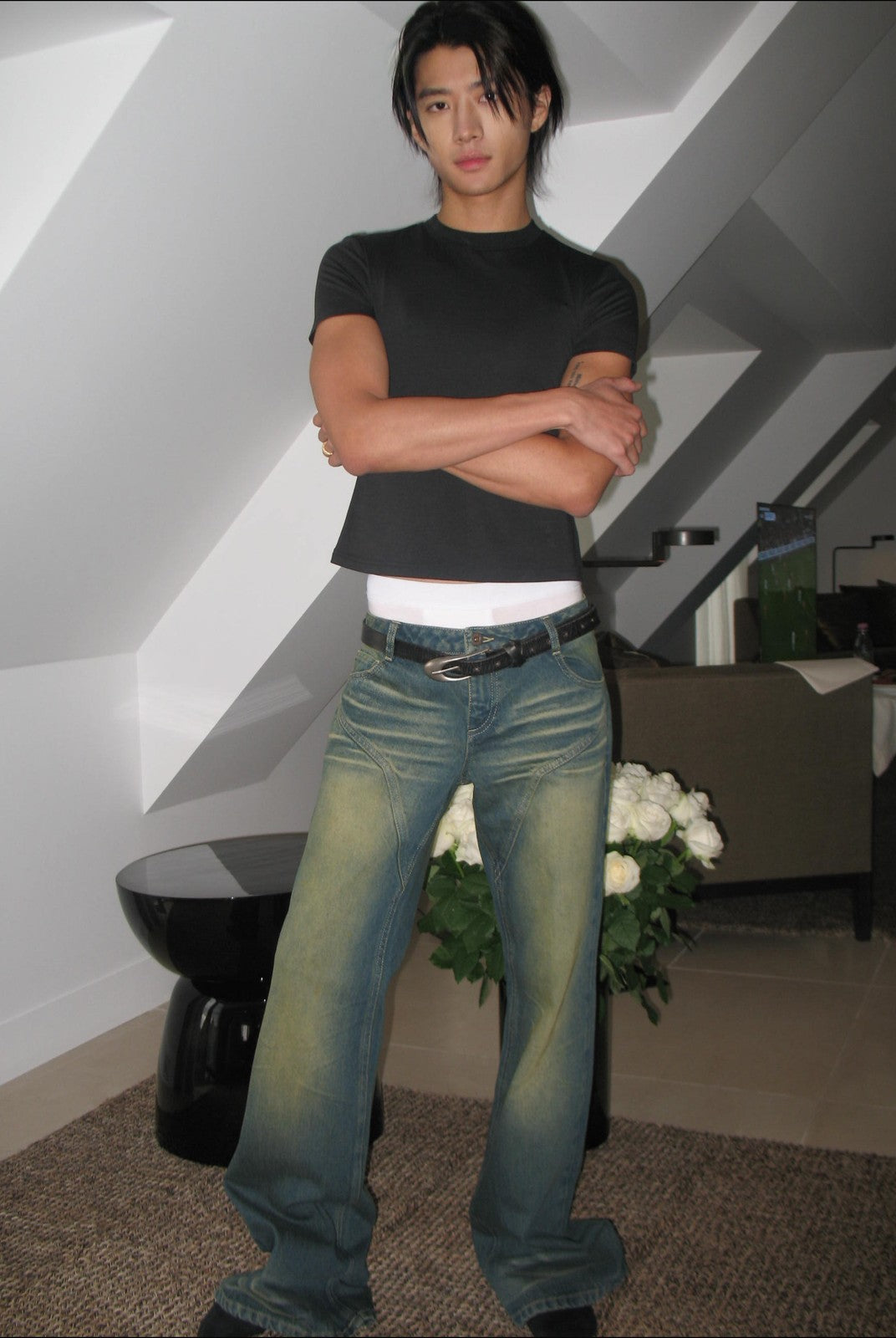 FaxCopyExpress Curved Panel Dirty Wash Jeans in Denim - On Male Model