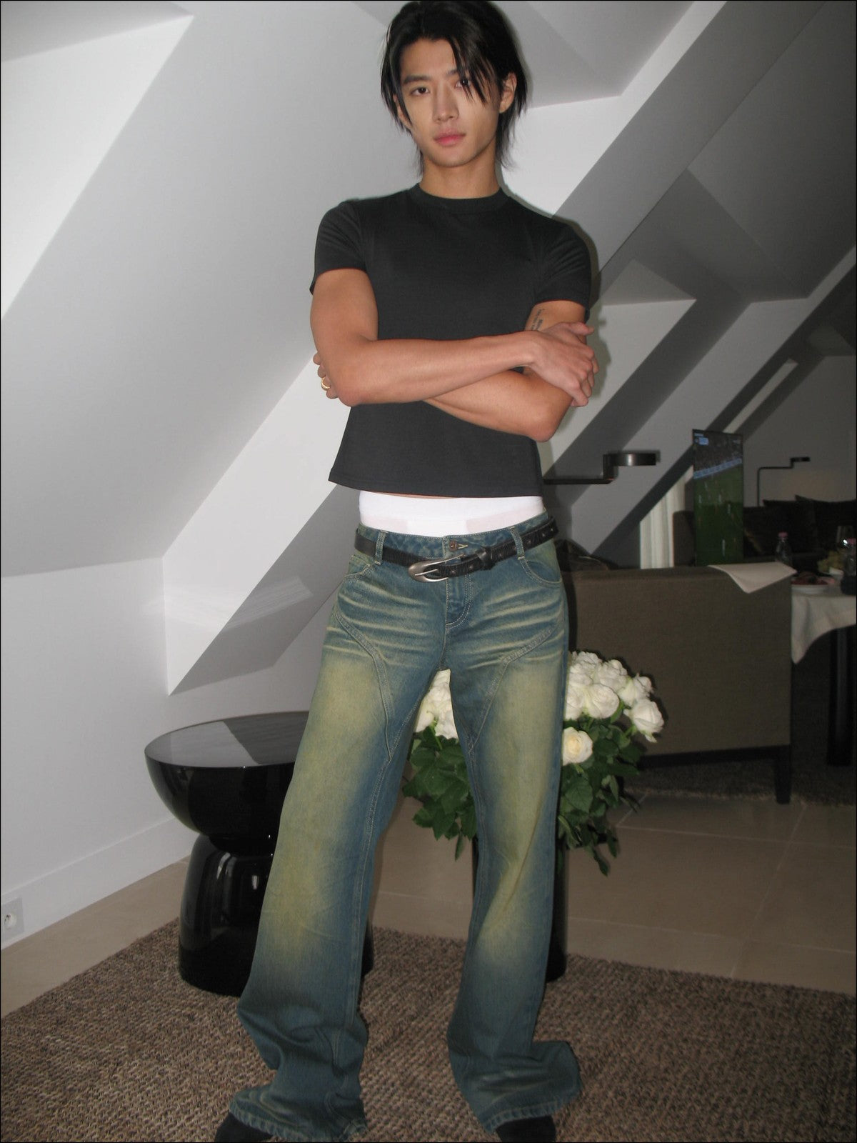 FaxCopyExpress Curved Panel Dirty Wash Jeans in Denim - On Male Model
