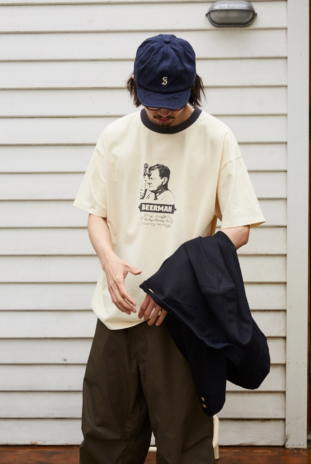 USAGE Graphic Cotton Ringer T Shirt in Cream - On Male Model