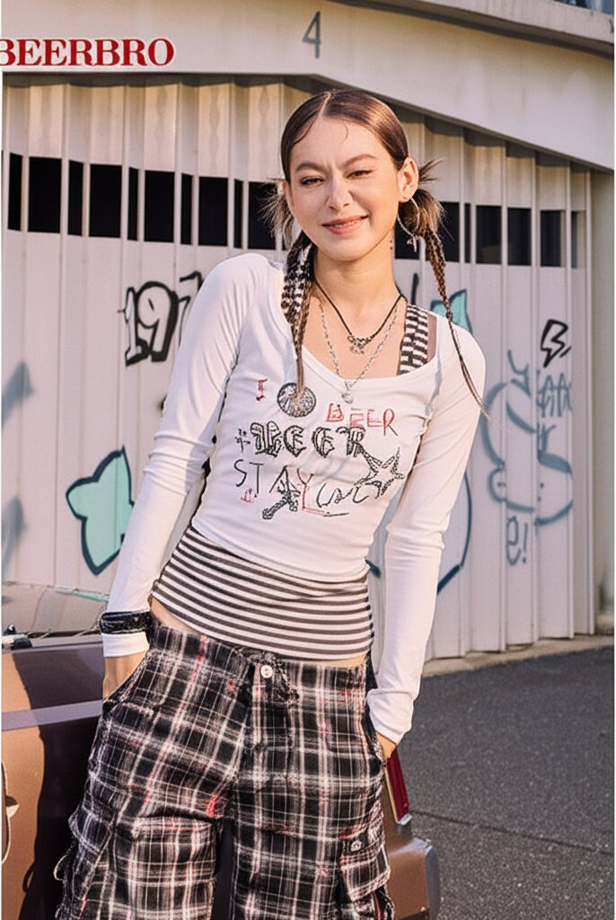 BeerBro Graffiti Print Tee Striped Tank Set in White - On Female Model