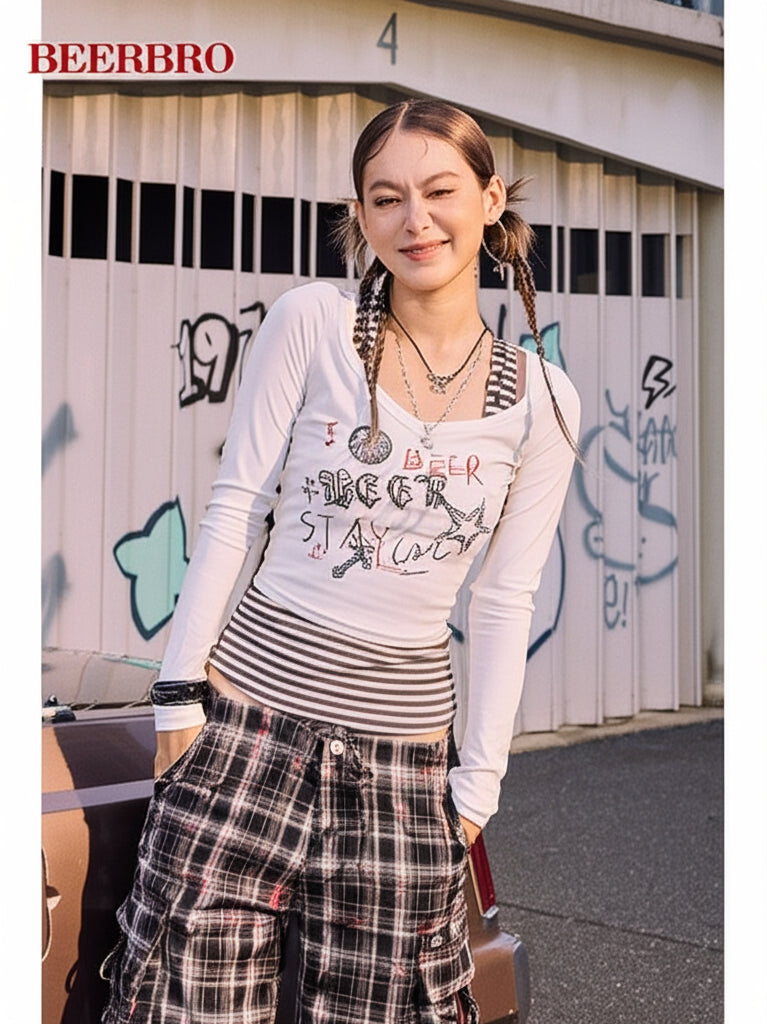 BeerBro Graffiti Print Tee Striped Tank Set in White - On Female Model