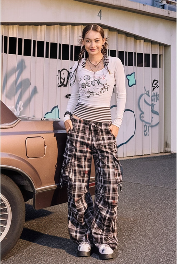 BEERBRO Graffiti Plaid Strap Cargo Pants in Sky Blue