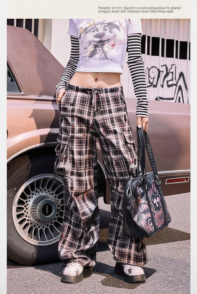 BeerBro Graffiti Plaid Strap Cargo Pants in Sky Blue - On Female Model
