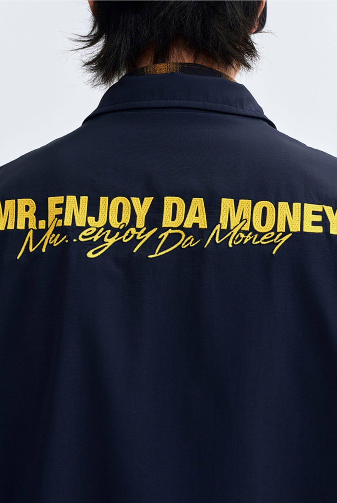 MEDM Nylon Stand Collar Coach Jacket in Navy Blue - On Model