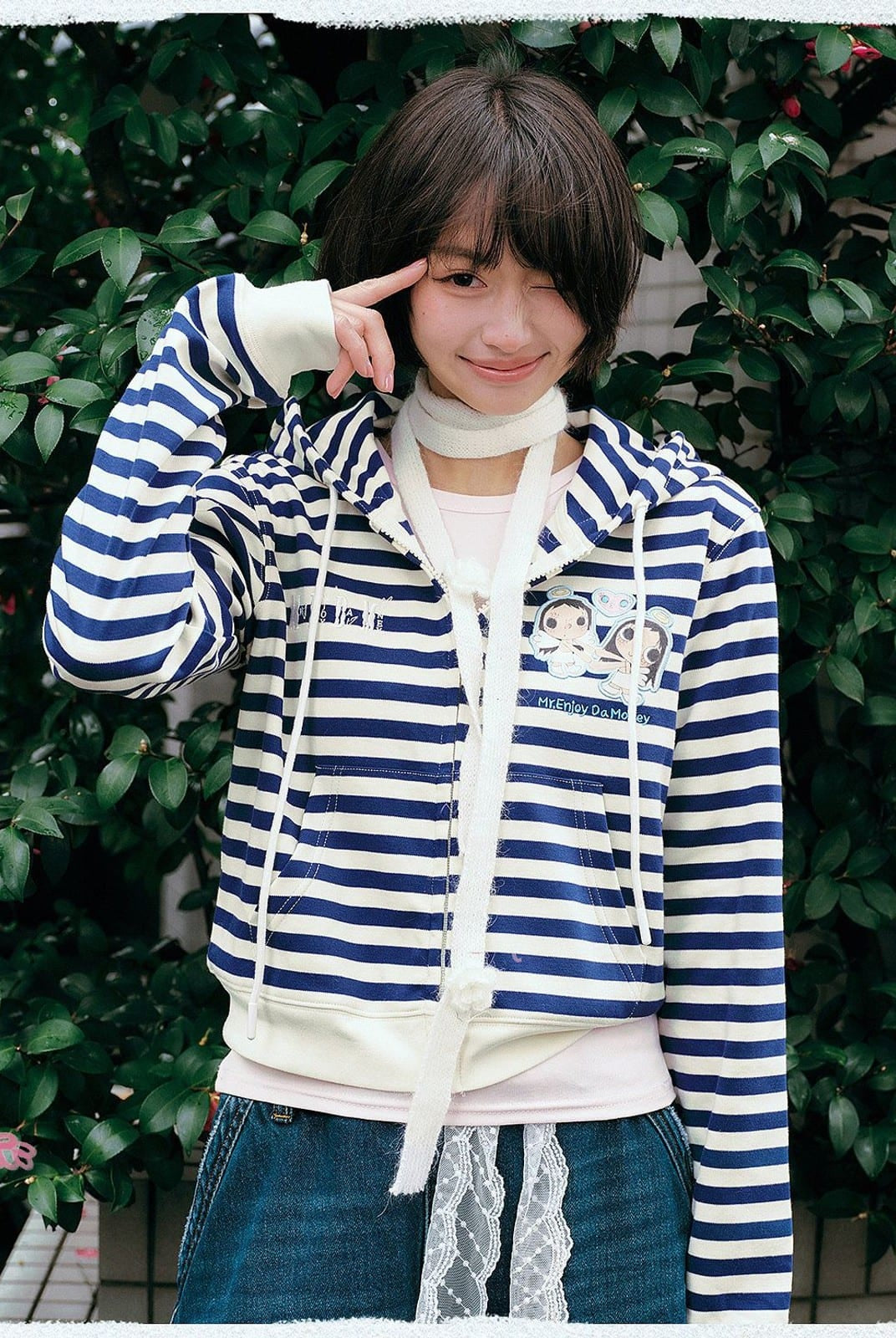MEDM Cropped Striped Applique Zip Hoodie in Navy Blue - On Female Model