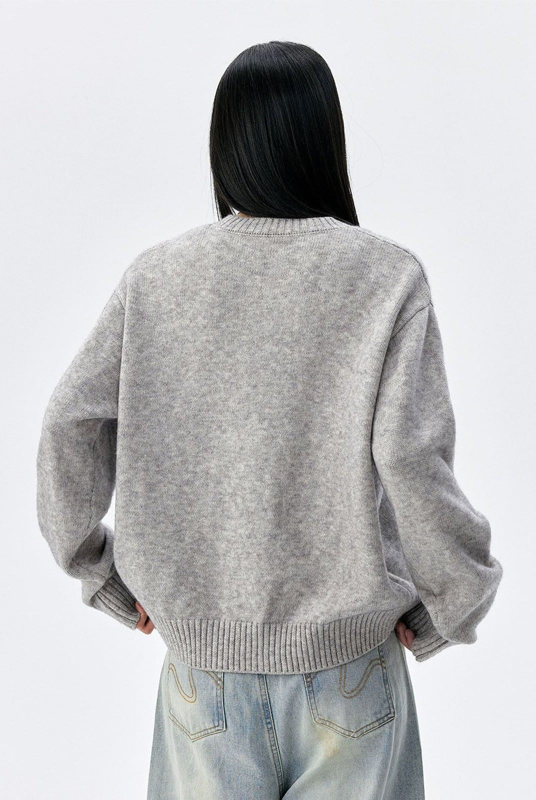 MEDM Floral Embroidered Knit Cardigan in Gray - On Model