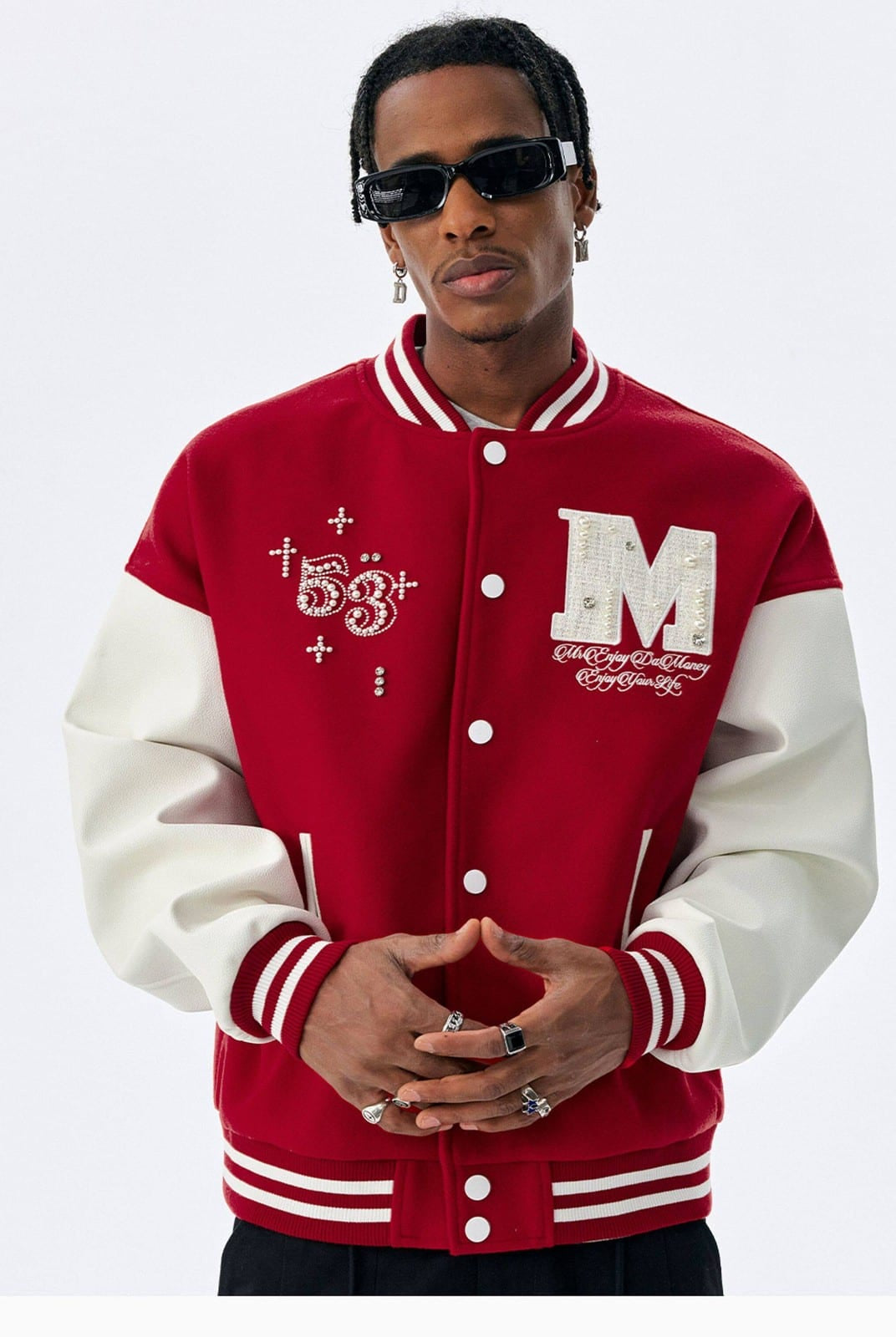MEDM Pearl Embellished Varsity Jacket in Burgundy - On Male Model