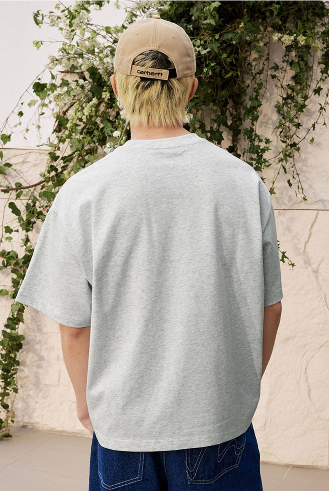 MEDM Tufted Logo Cotton T Shirt in Gray - On Model
