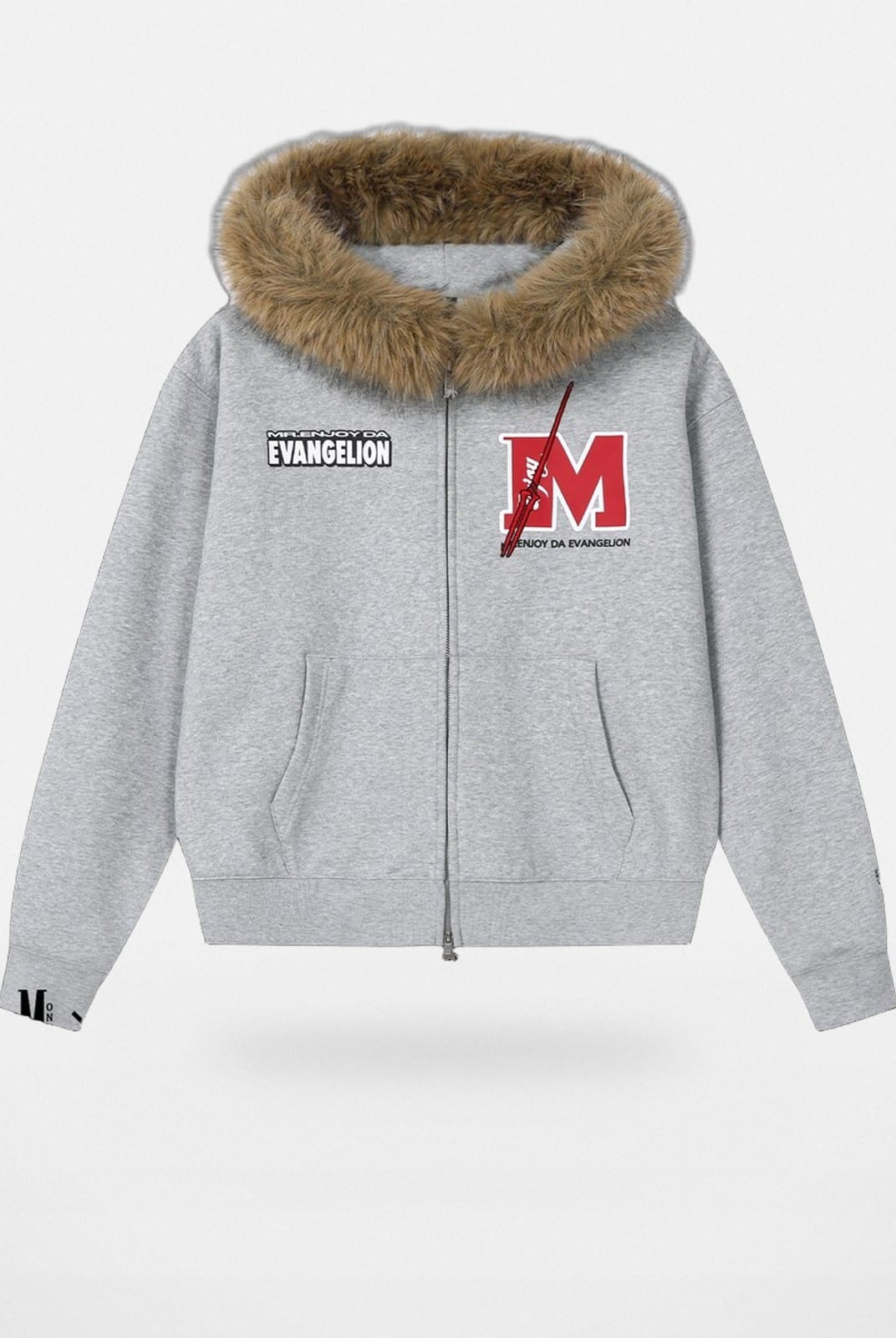 MEDM Faux Fur Trimmed Graphic Zip Hoodie in Gray