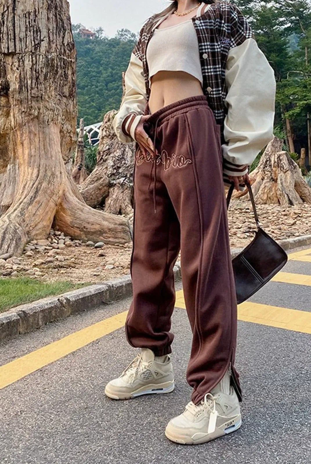 BeerBro Embroidered Script Joggers in Brown - On Female Model