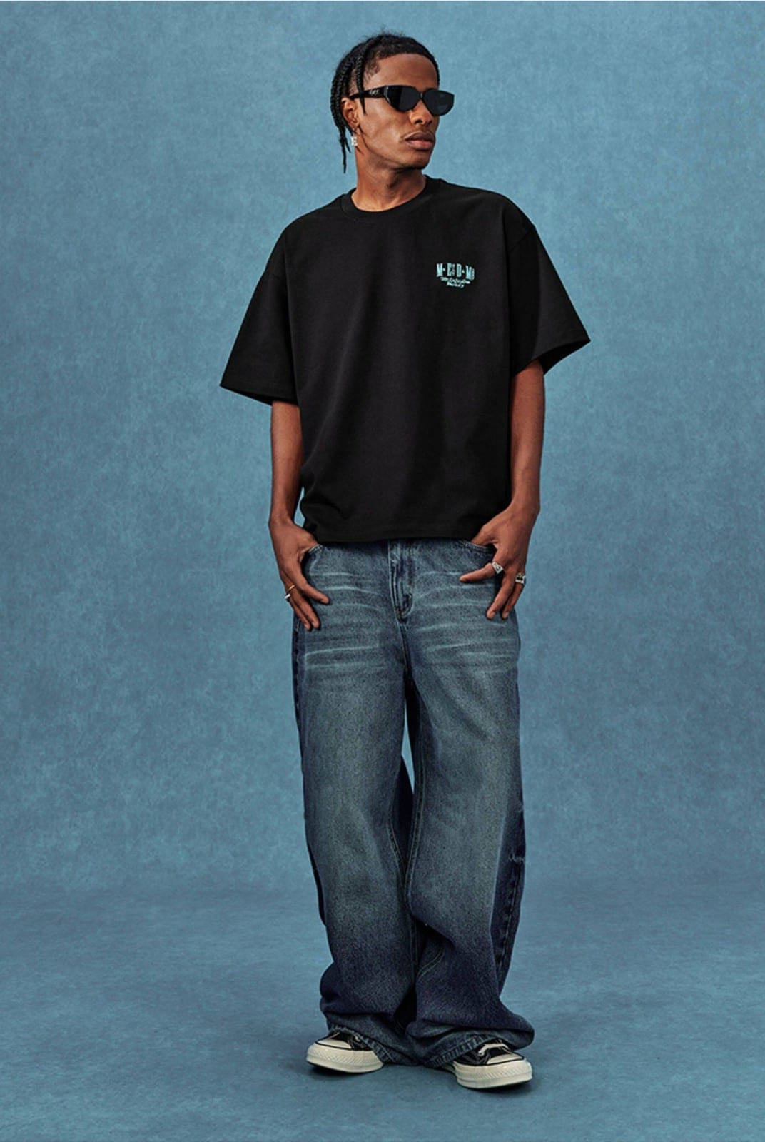 MEDM Letter Embroidery Cotton T Shirt in Black - On Male Model