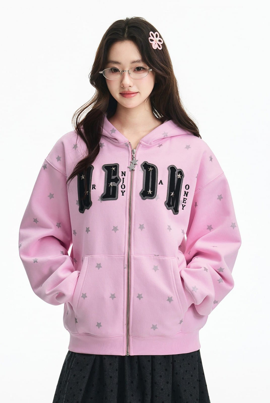 MEDM Fleece Lined Star Print Zip Hoodie in Pink - On Female Model