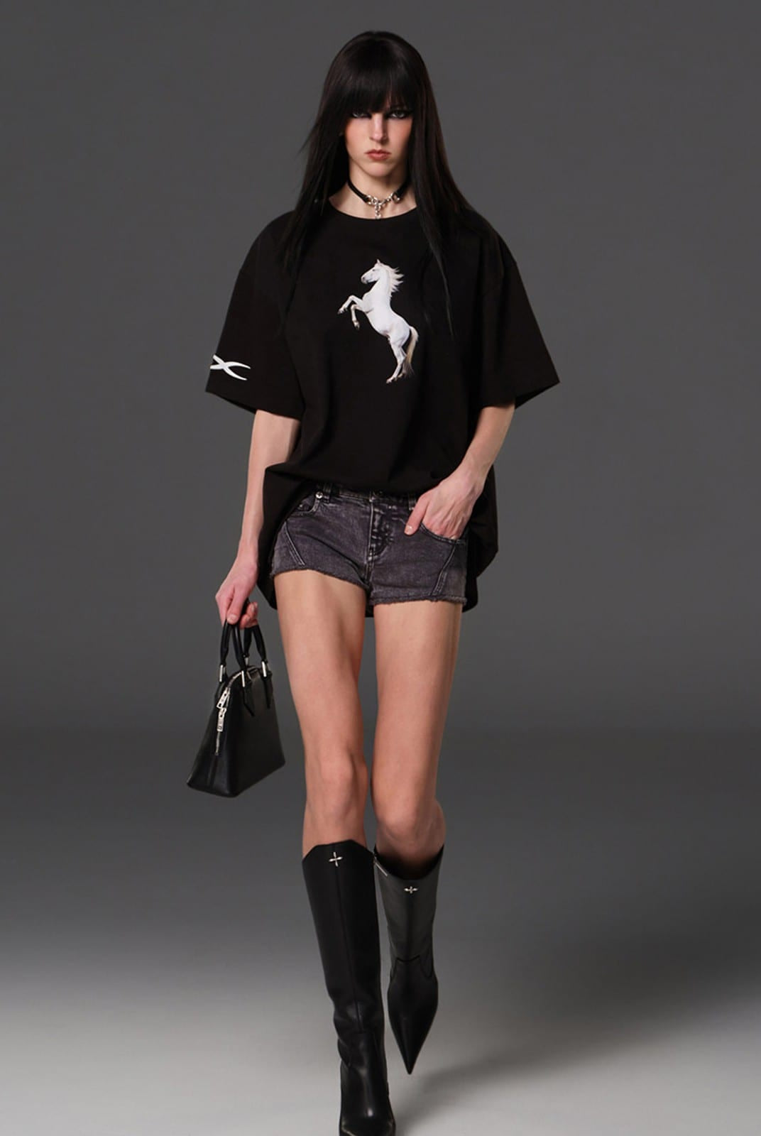 SMFK Heavyweight Cotton Horse Print T Shirt in Black - On Female Model