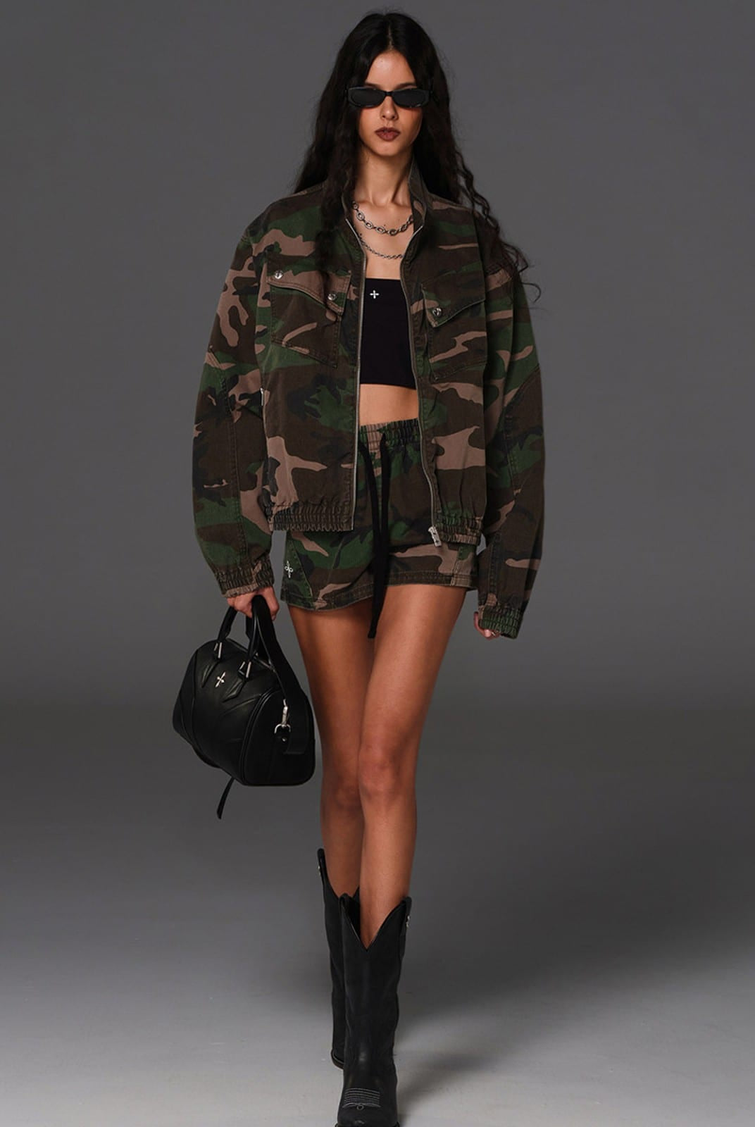 SMFK Camouflage Zip Up Cropped Jacket in Green - On Female Model