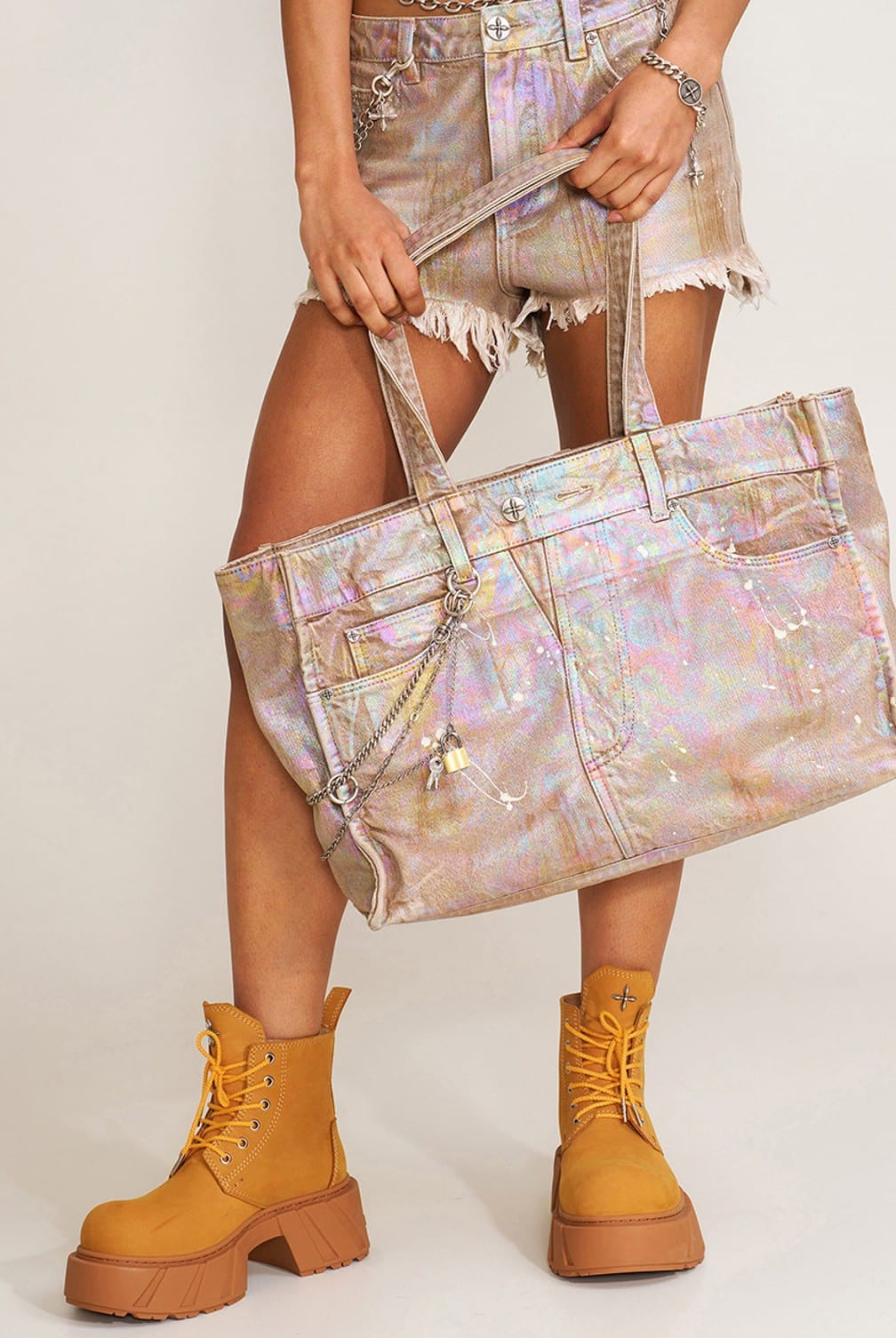 SMFK Distressed Denim Chain Tote Bag in Dreamland - On Female Model