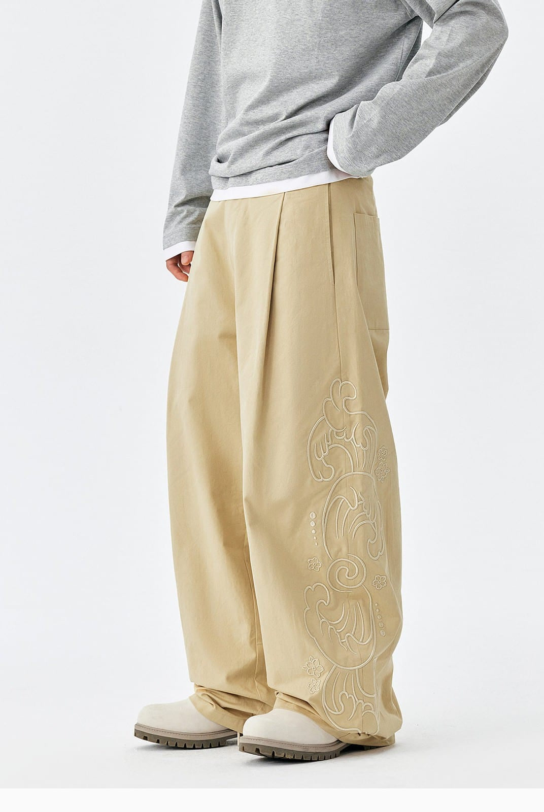 MEDM Embroidered Cotton Cargo Pants in Beige - On Model